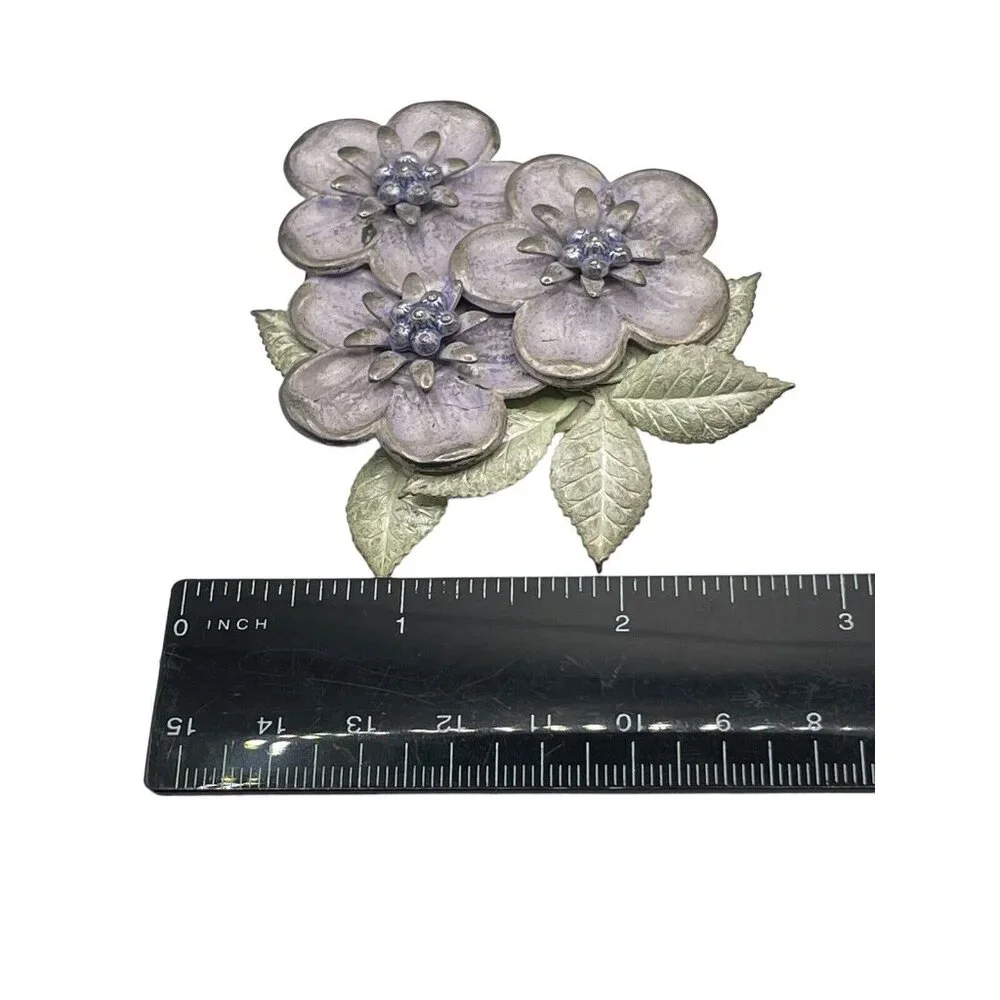 Vintage Metallic Purple Green Dogwood Floral Flowers Brooch Pin Silver Tone‎